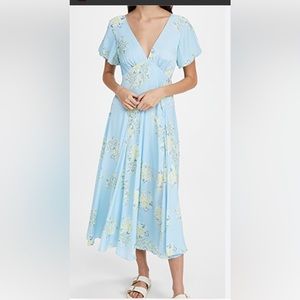 Free People Laura Floral Print V-Neck Puffed Sleeve Crisscross Open-Back